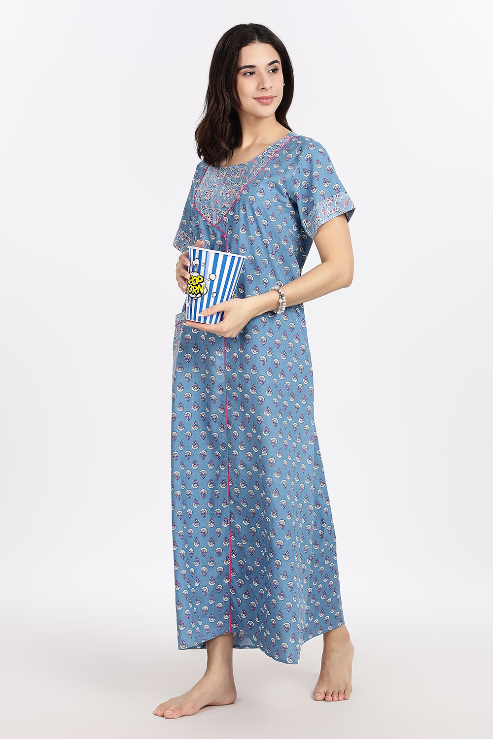 Naidu Hall Women’s Front-Open Floral Printed Cotton-Blend Nighty | Layered V-Neck, Short Sleeves, A-Line Fit
 - NB02