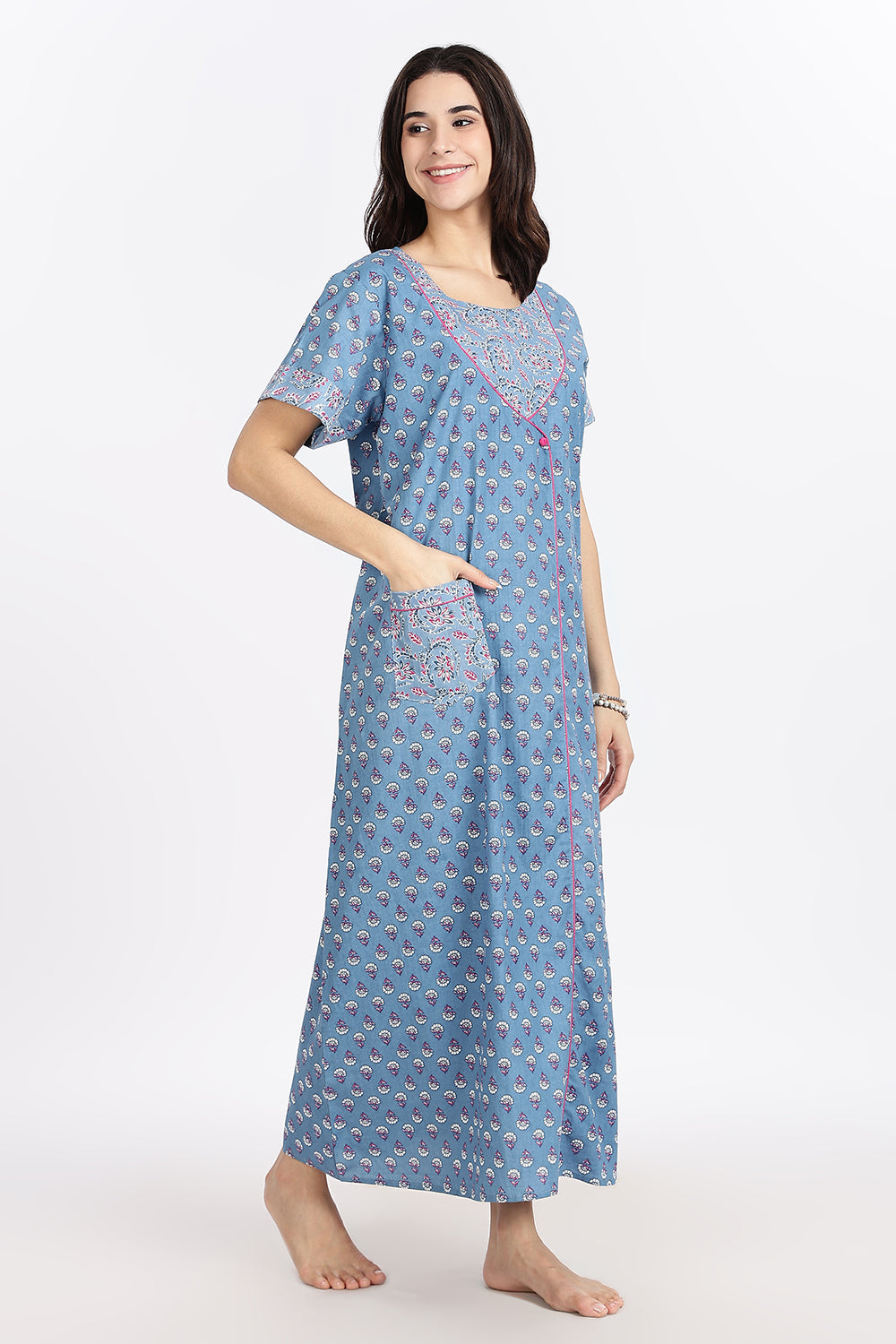 Naidu Hall Women’s Front-Open Floral Printed Cotton-Blend Nighty | Layered V-Neck, Short Sleeves, A-Line Fit
 - NB02