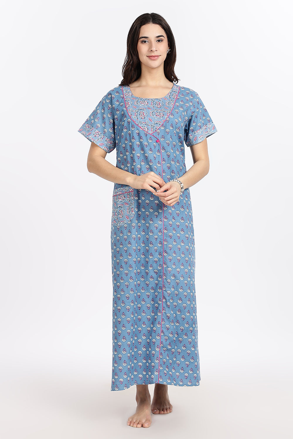 Naidu Hall Women’s Front-Open Floral Printed Cotton-Blend Nighty | Layered V-Neck, Short Sleeves, A-Line Fit
 - NB02