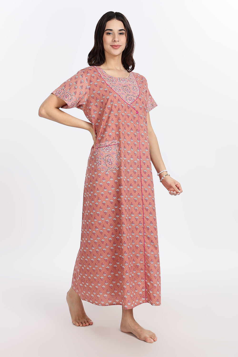 Naidu Hall Women’s Front-Open Floral Printed Cotton-Blend Nighty | Layered V-Neck, Short Sleeves, A-Line Fit
 - NB02