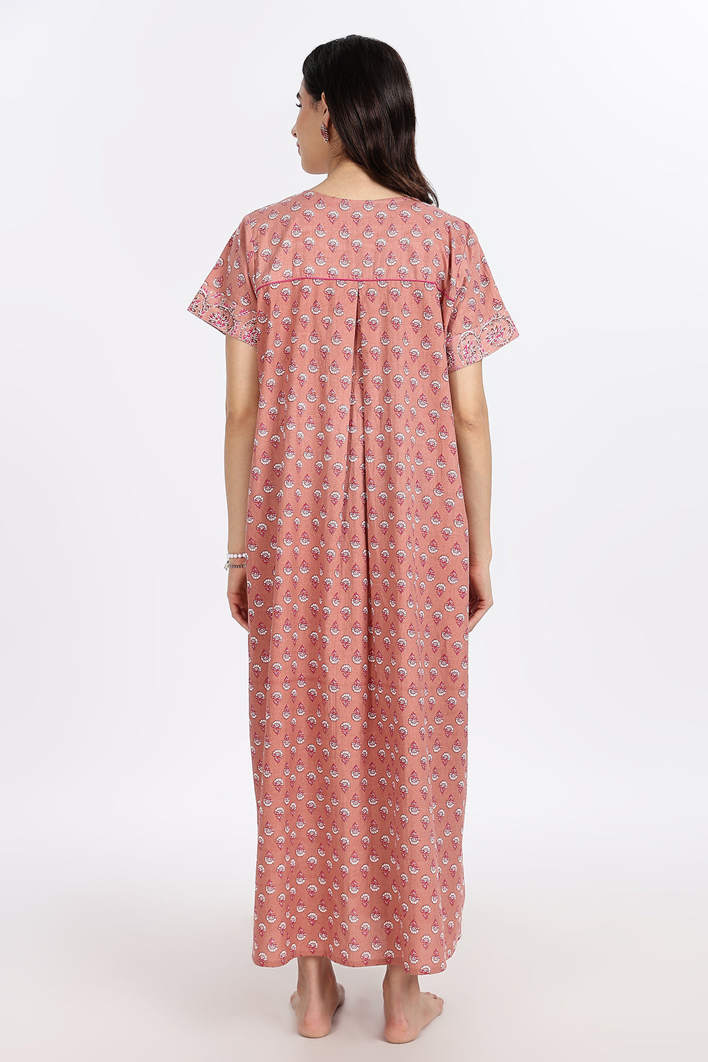 Naidu Hall Women’s Front-Open Floral Printed Cotton-Blend Nighty | Layered V-Neck, Short Sleeves, A-Line Fit
 - NB02