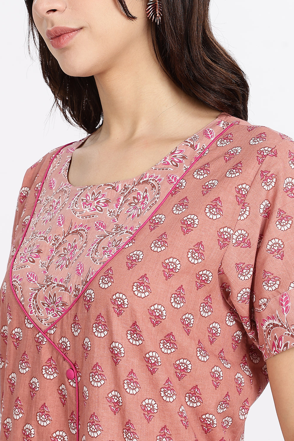 Naidu Hall Women’s Front-Open Floral Printed Cotton-Blend Nighty | Layered V-Neck, Short Sleeves, A-Line Fit
 - NB02