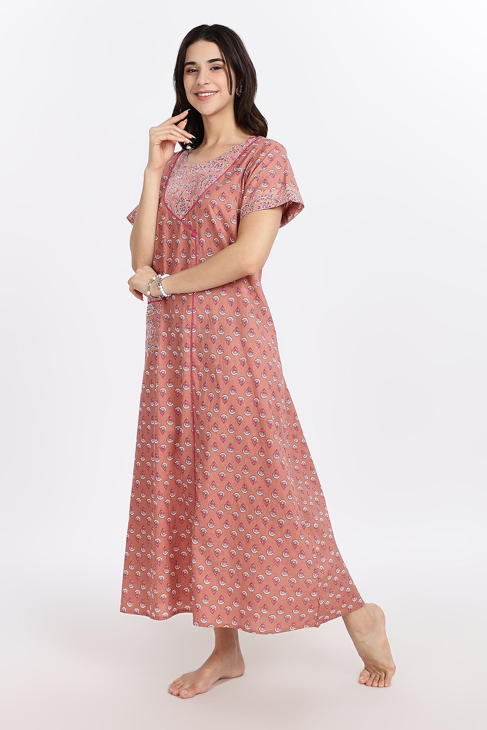 Naidu Hall Women’s Front-Open Floral Printed Cotton-Blend Nighty | Layered V-Neck, Short Sleeves, A-Line Fit
 - NB02