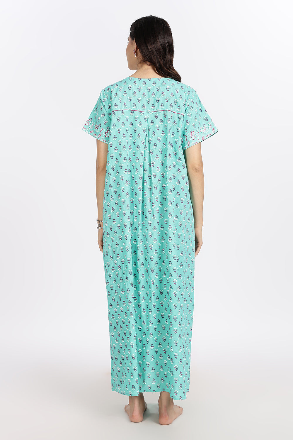 Naidu Hall Women’s Front-Open Floral Printed Cotton-Blend Nighty | Layered V-Neck, Short Sleeves, A-Line Fit
 - NB02