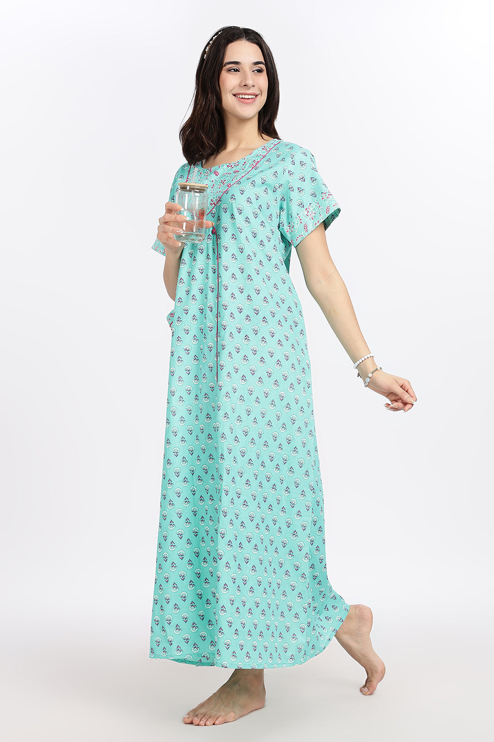 Naidu Hall Women’s Front-Open Floral Printed Cotton-Blend Nighty | Layered V-Neck, Short Sleeves, A-Line Fit
 - NB02