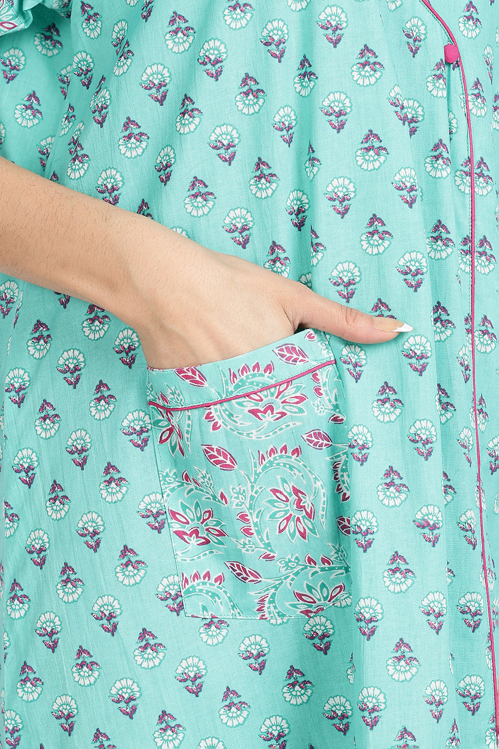 Naidu Hall Women’s Front-Open Floral Printed Cotton-Blend Nighty | Layered V-Neck, Short Sleeves, A-Line Fit
 - NB02