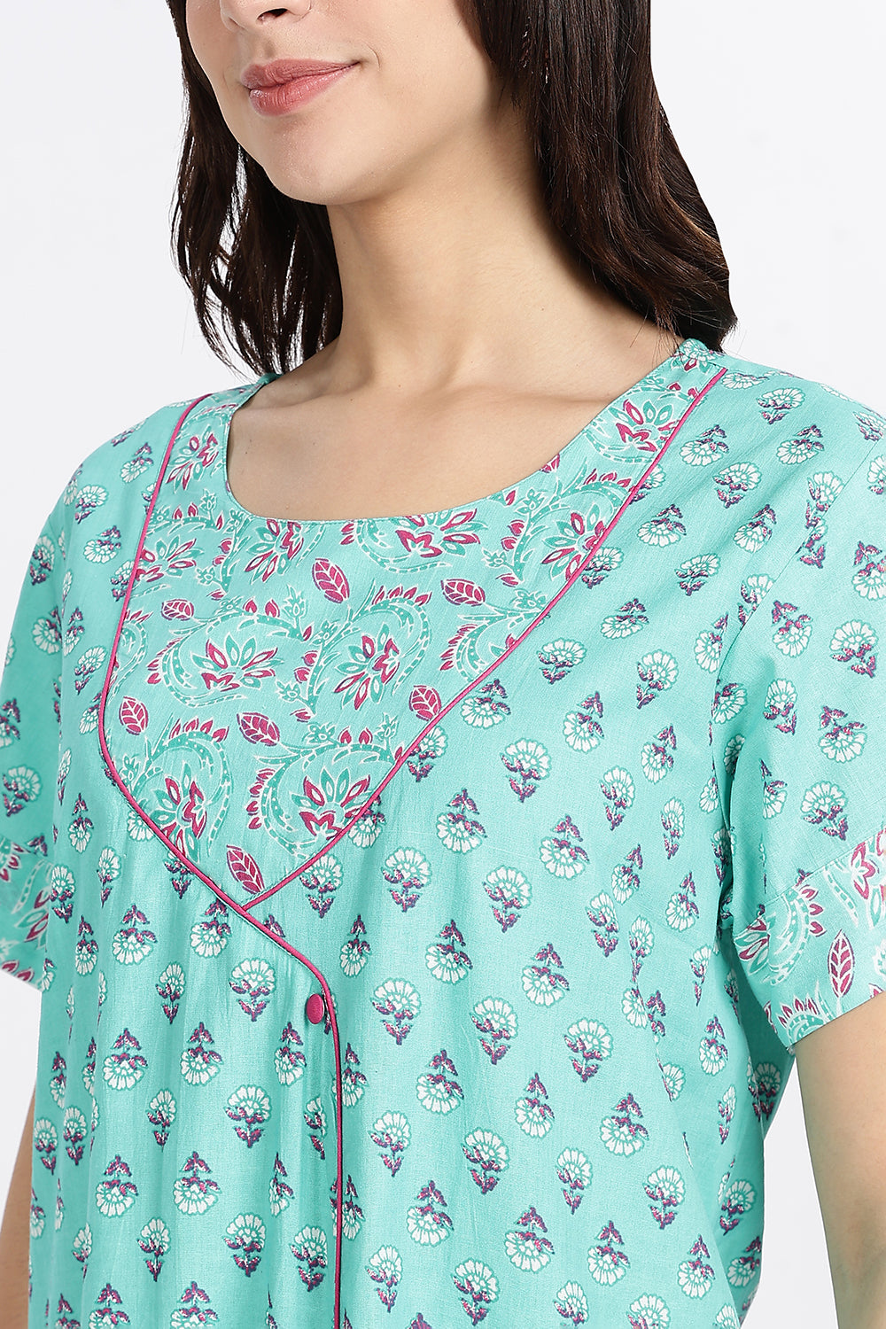 Naidu Hall Women’s Front-Open Floral Printed Cotton-Blend Nighty | Layered V-Neck, Short Sleeves, A-Line Fit
 - NB02