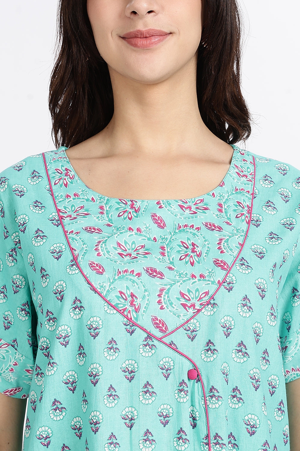 Naidu Hall Women’s Front-Open Floral Printed Cotton-Blend Nighty | Layered V-Neck, Short Sleeves, A-Line Fit
 - NB02