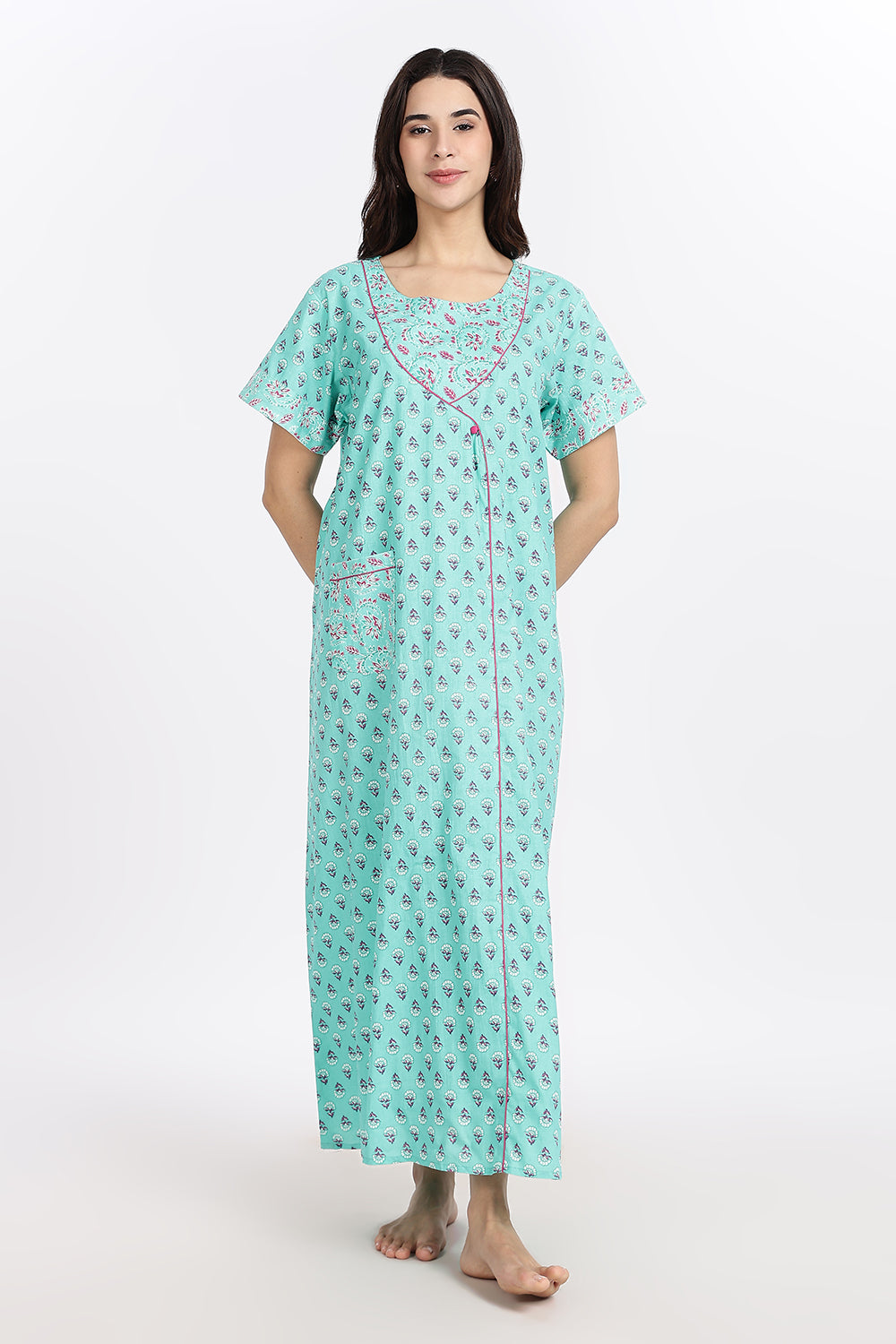 Naidu Hall Women’s Front-Open Floral Printed Cotton-Blend Nighty | Layered V-Neck, Short Sleeves, A-Line Fit
 - NB02