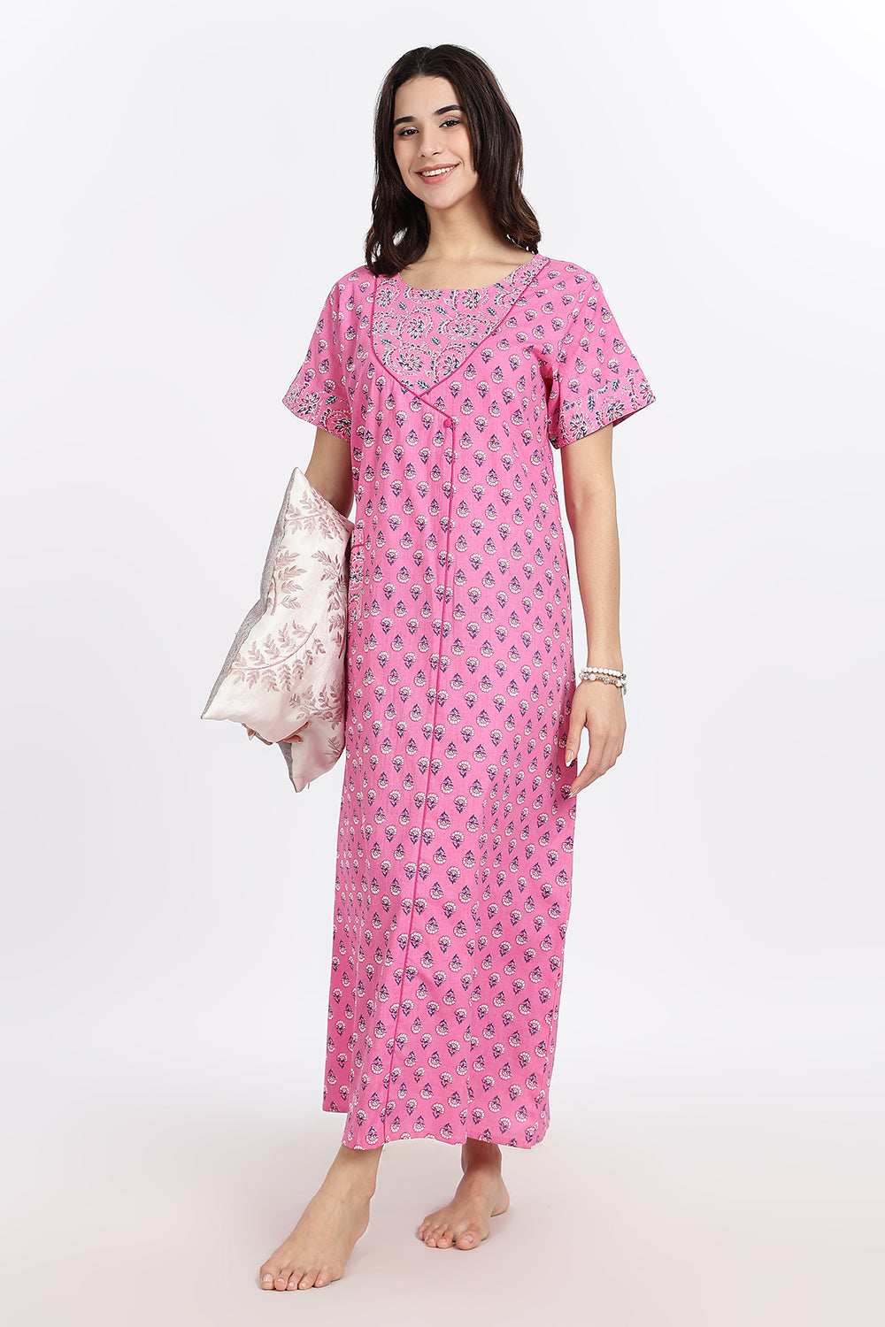 Naidu Hall Women’s Front-Open Floral Printed Cotton-Blend Nighty | Layered V-Neck, Short Sleeves, A-Line Fit
 - NB02