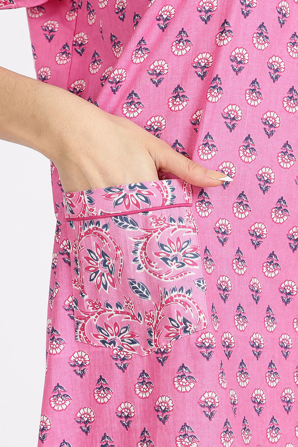 Naidu Hall Women’s Front-Open Floral Printed Cotton-Blend Nighty | Layered V-Neck, Short Sleeves, A-Line Fit
 - NB02