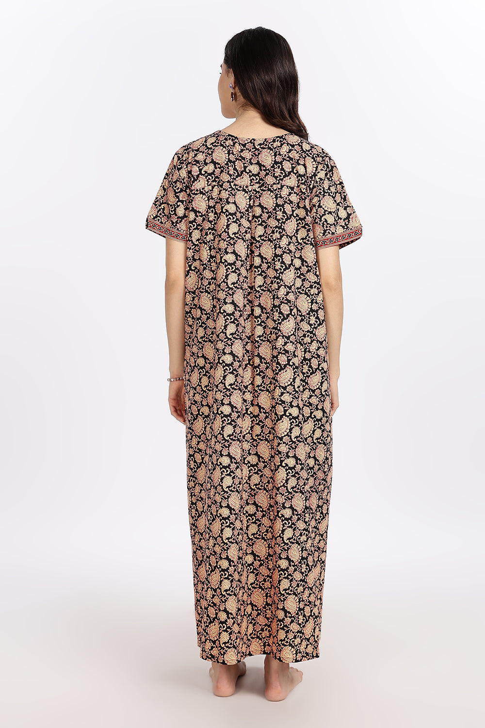 Naidu Hall Women’s Printed Cotton Blend Full Length Nighty with V Patch Neckline and Border Detailing
 - NB05