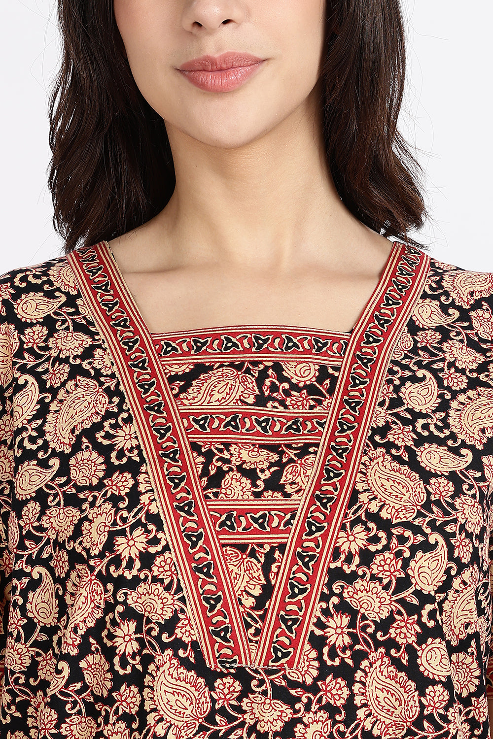 Naidu Hall Women’s Printed Cotton Blend Full Length Nighty with V Patch Neckline and Border Detailing
 - NB05