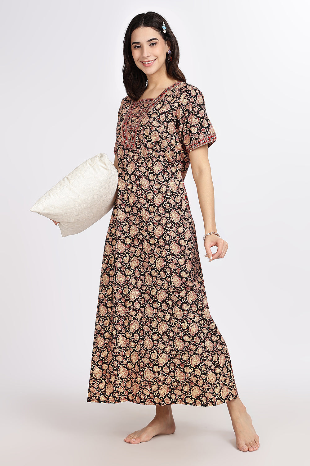 Naidu Hall Women’s Printed Cotton Blend Full Length Nighty with V Patch Neckline and Border Detailing
 - NB05