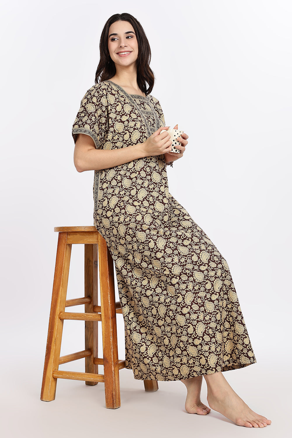 Naidu Hall Women’s Printed Cotton Blend Full Length Nighty with V Patch Neckline and Border Detailing
 - NB05