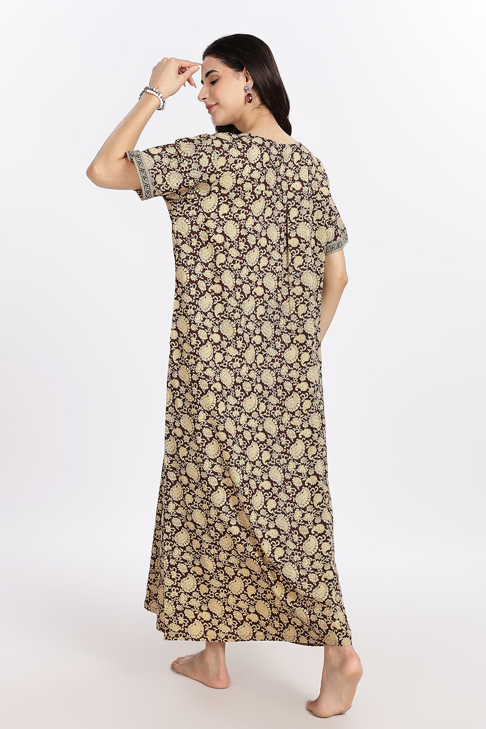 Naidu Hall Women’s Printed Cotton Blend Full Length Nighty with V Patch Neckline and Border Detailing
 - NB05