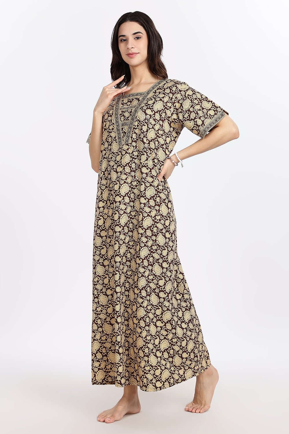 Naidu Hall Women’s Printed Cotton Blend Full Length Nighty with V Patch Neckline and Border Detailing
 - NB05
