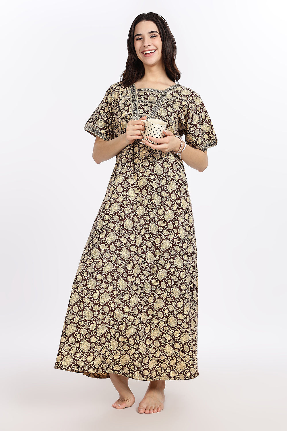 Naidu Hall Women’s Printed Cotton Blend Full Length Nighty with V Patch Neckline and Border Detailing
 - NB05