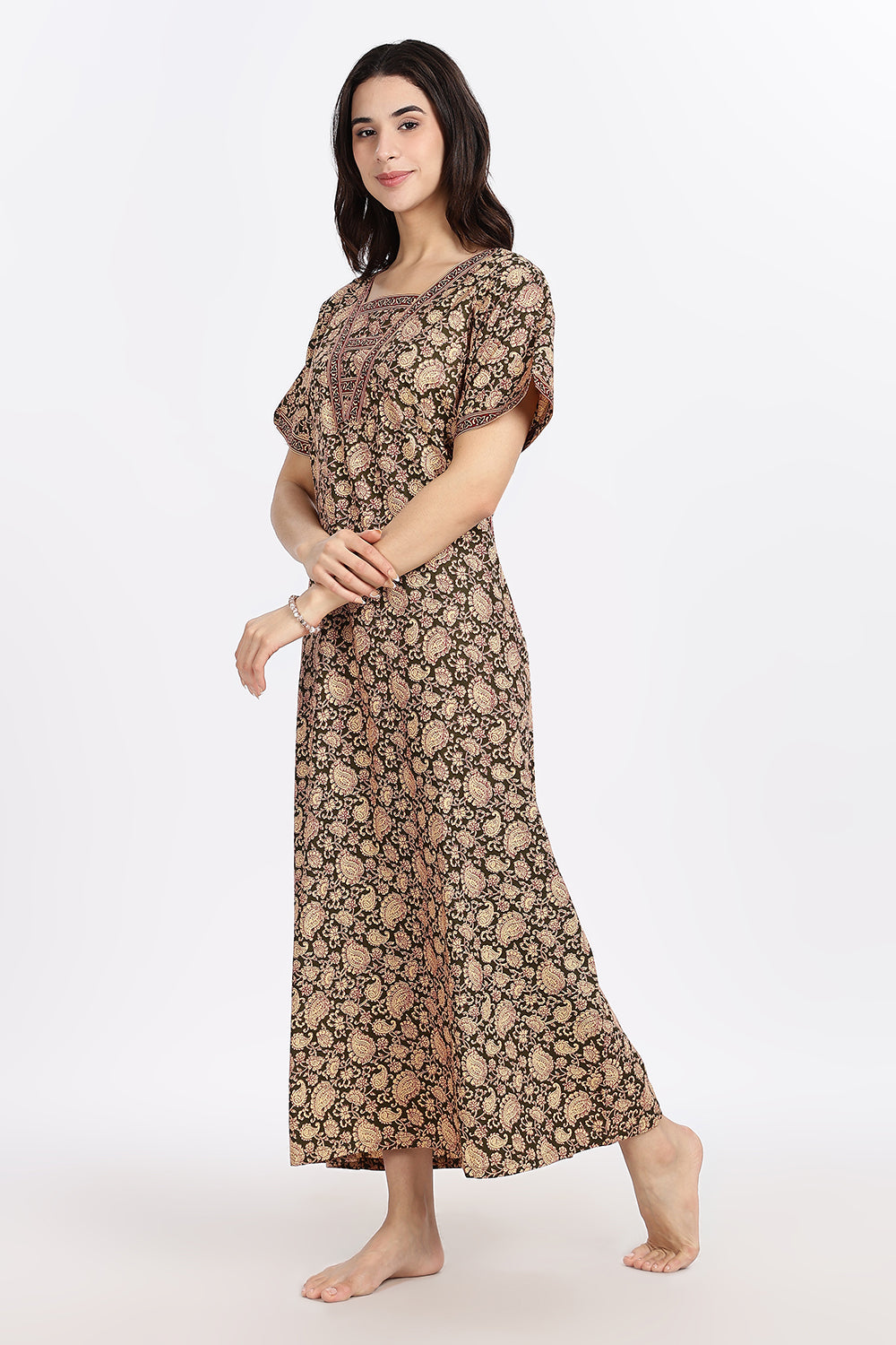 Naidu Hall Women’s Printed Cotton Blend Full Length Nighty with V Patch Neckline and Border Detailing
 - NB05