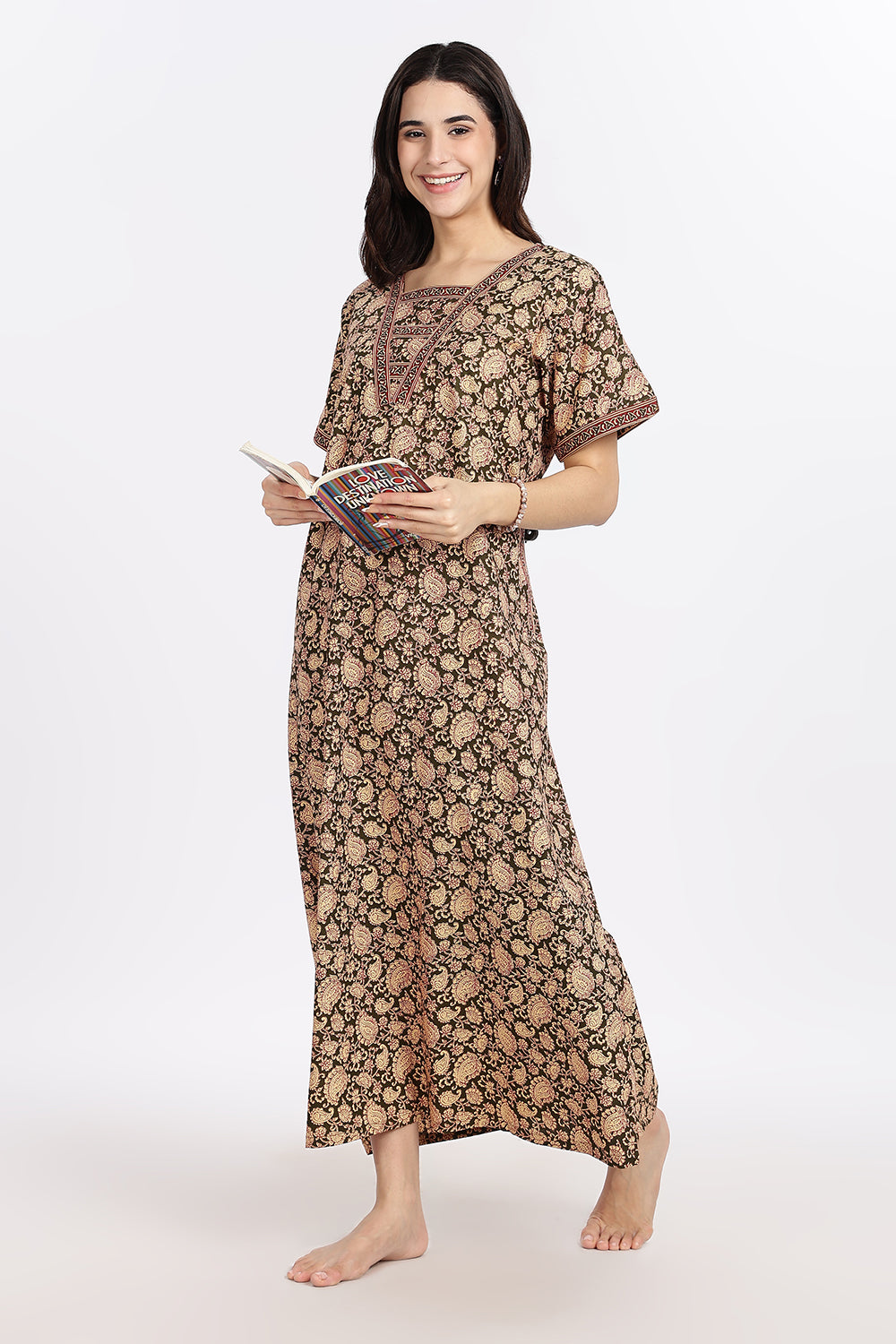 Naidu Hall Women’s Printed Cotton Blend Full Length Nighty with V Patch Neckline and Border Detailing
 - NB05