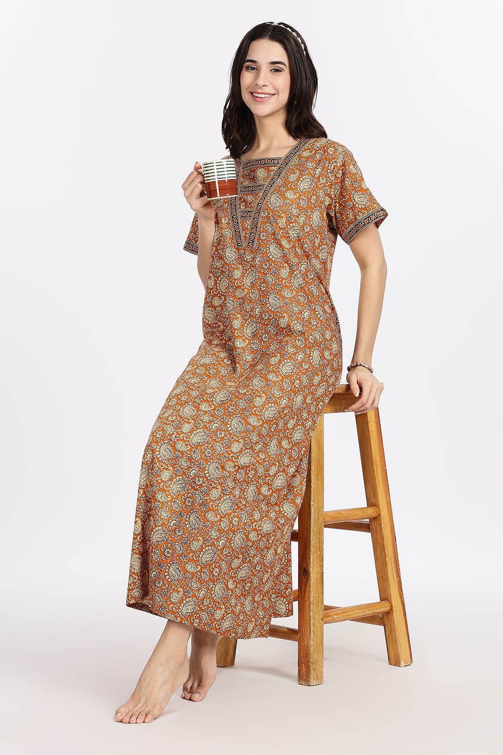 Naidu Hall Women’s Printed Cotton Blend Full Length Nighty with V Patch Neckline and Border Detailing
 - NB05