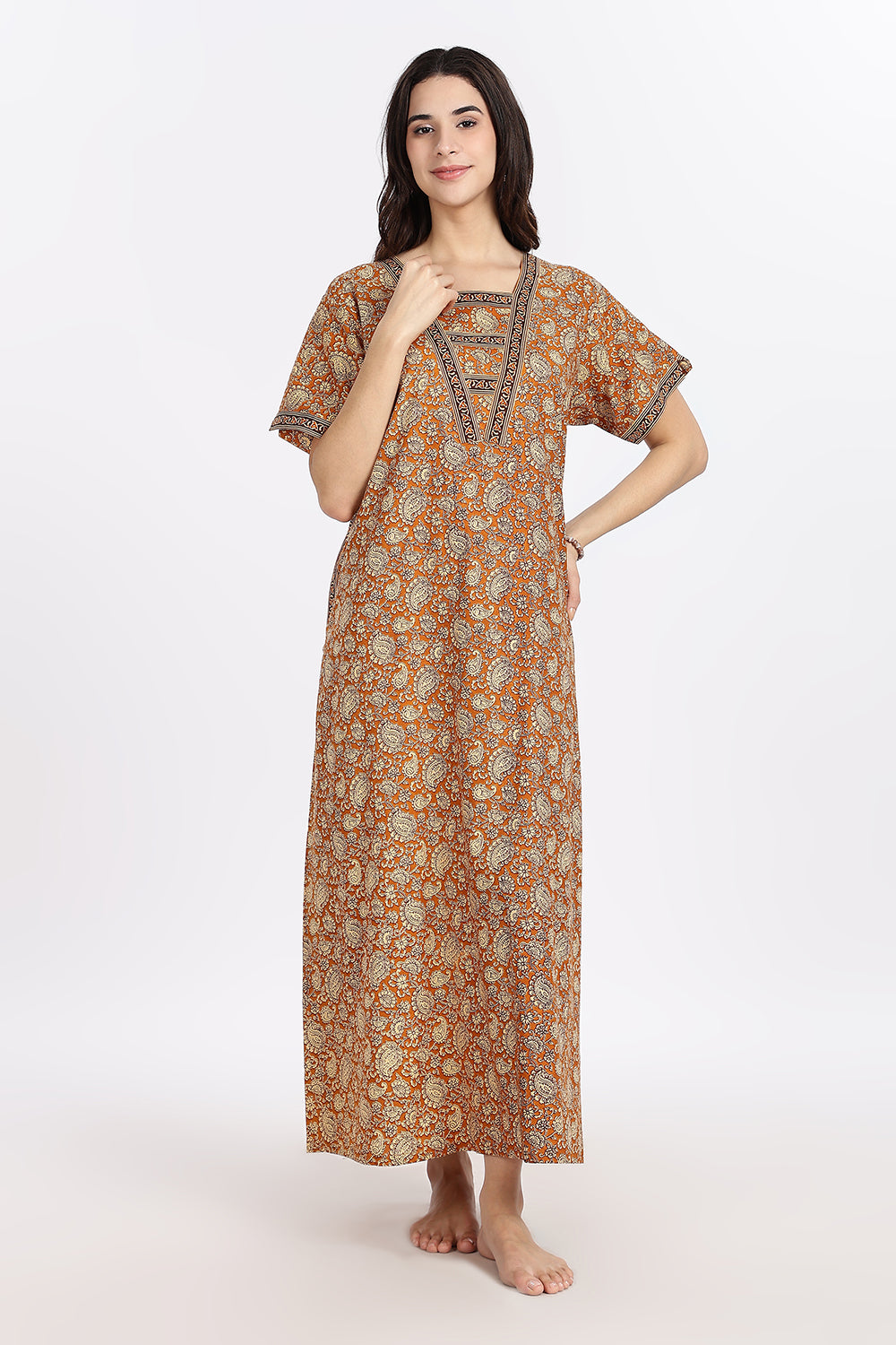 Naidu Hall Women’s Printed Cotton Blend Full Length Nighty with V Patch Neckline and Border Detailing
 - NB05