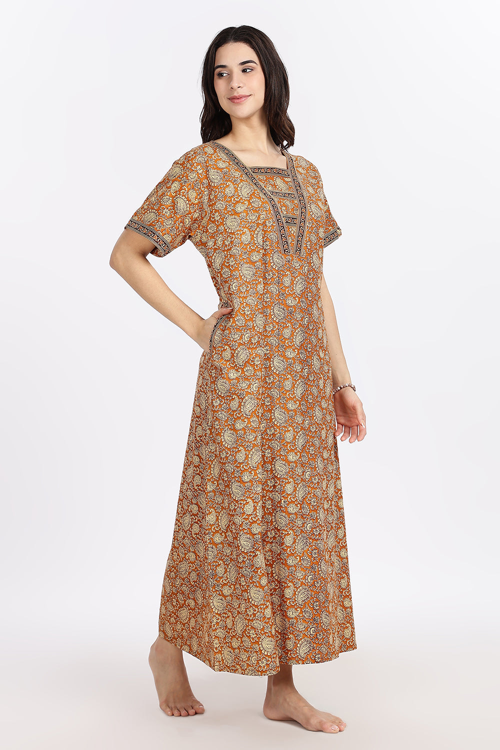 Naidu Hall Women’s Printed Cotton Blend Full Length Nighty with V Patch Neckline and Border Detailing
 - NB05