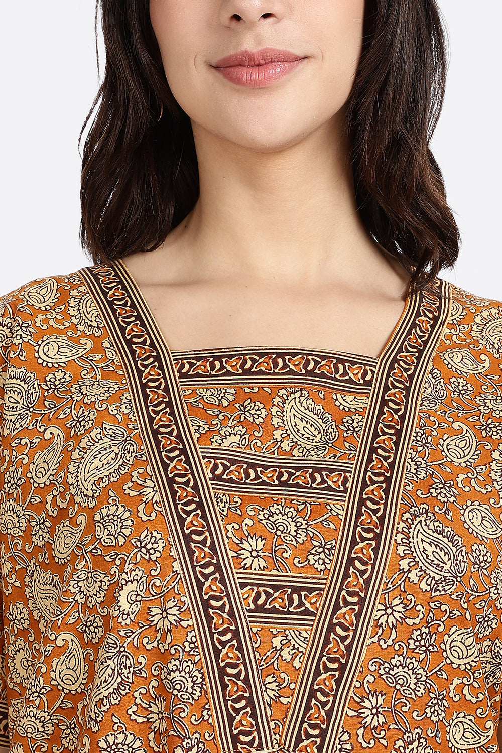 Naidu Hall Women’s Printed Cotton Blend Full Length Nighty with V Patch Neckline and Border Detailing
 - NB05