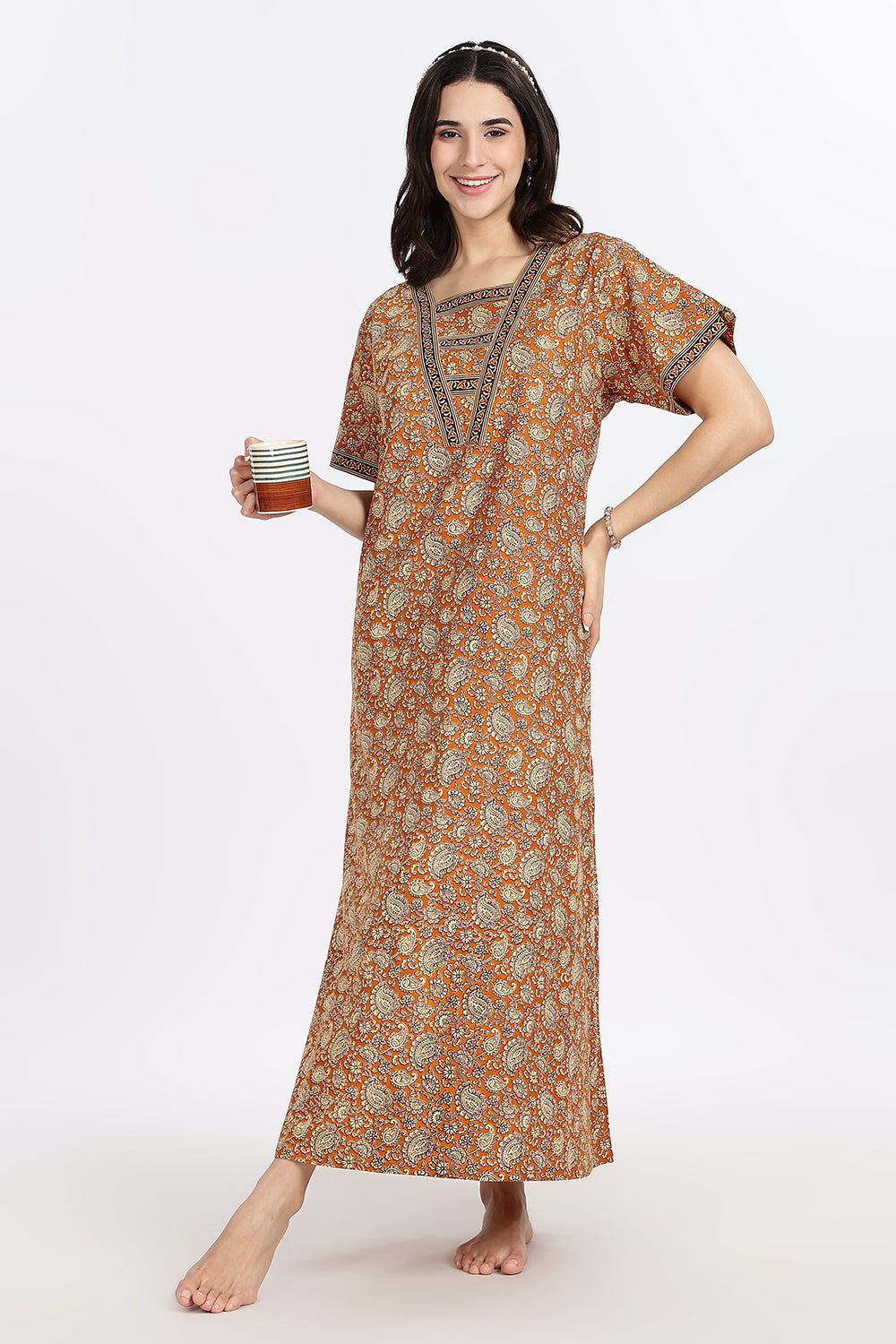 Naidu Hall Women’s Printed Cotton Blend Full Length Nighty with V Patch Neckline and Border Detailing
 - NB05