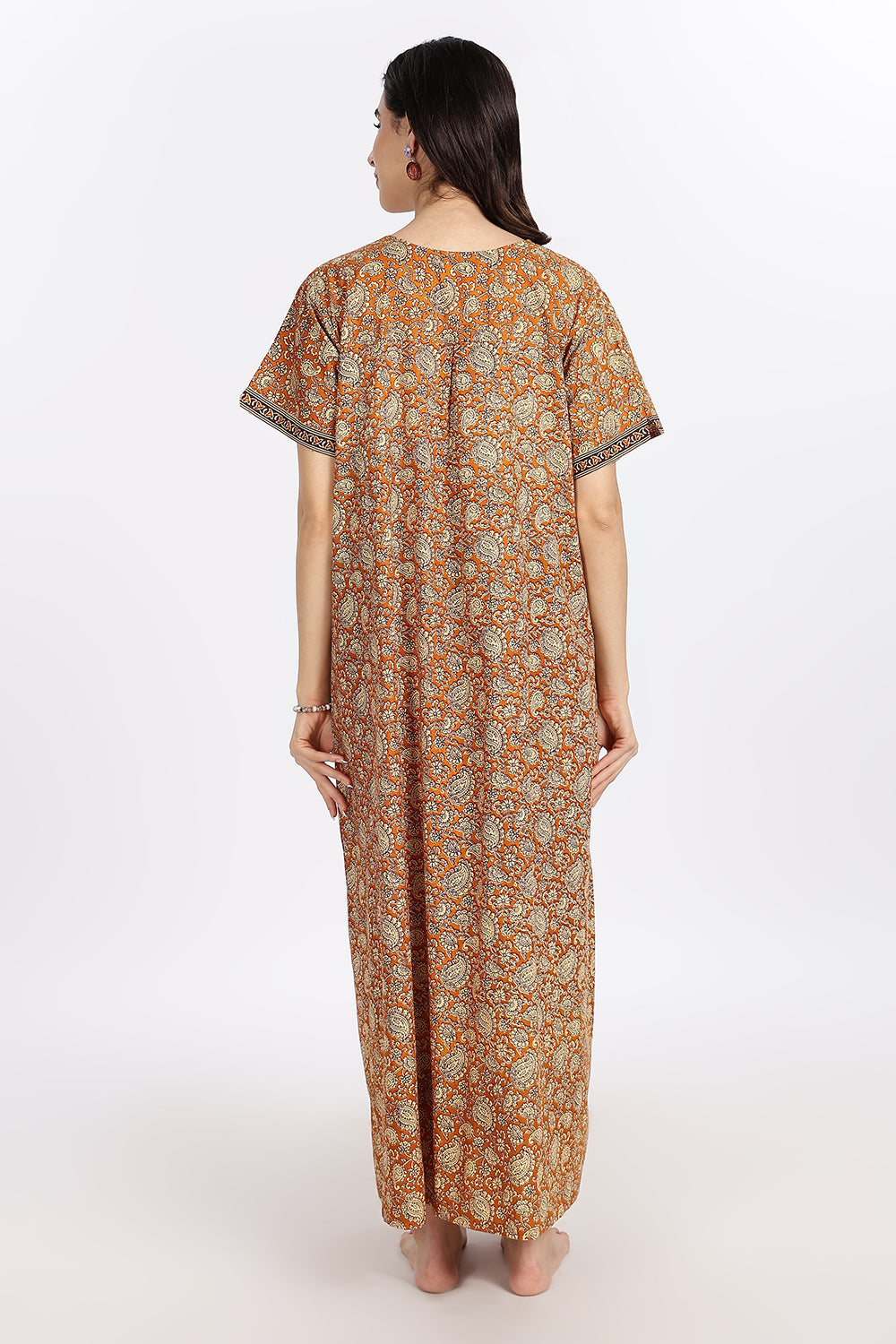 Naidu Hall Women’s Printed Cotton Blend Full Length Nighty with V Patch Neckline and Border Detailing
 - NB05