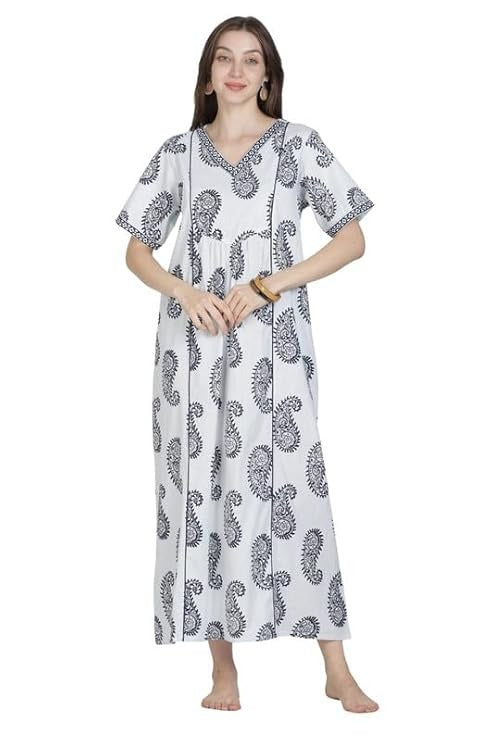 Naidu Hall Women's Cotton Blend Printed Nighty | Full Length A-Line Night Gown | V-Neck Floral Night Dress with Pocket | Soft Sleepwear, Lounge Wear & Daily Wear
 - NB10