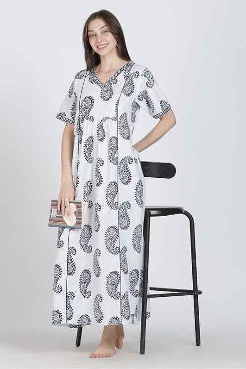 Naidu Hall Women's Cotton Blend Printed Nighty | Full Length A-Line Night Gown | V-Neck Floral Night Dress with Pocket | Soft Sleepwear, Lounge Wear & Daily Wear
 - NB10