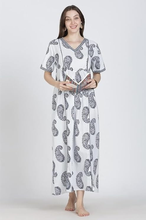 Naidu Hall Women's Cotton Blend Printed Nighty | Full Length A-Line Night Gown | V-Neck Floral Night Dress with Pocket | Soft Sleepwear, Lounge Wear & Daily Wear
 - NB10