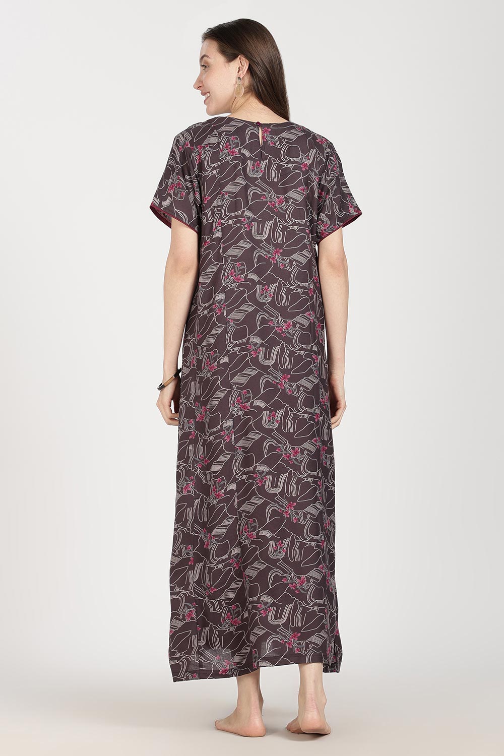 Naidu Hall Women’s Full-Length Printed Nighty | Round Neck with V-Slit, Short Sleeves, Relaxed Fit
 - NB16