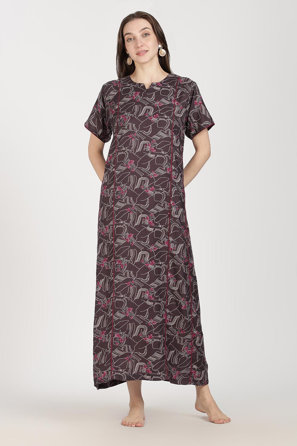 Naidu Hall Women’s Full-Length Printed Nighty | Round Neck with V-Slit, Short Sleeves, Relaxed Fit
 - NB16