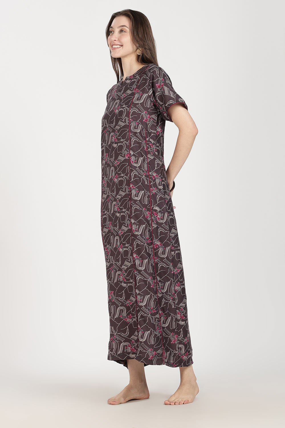 Naidu Hall Women’s Full-Length Printed Nighty | Round Neck with V-Slit, Short Sleeves, Relaxed Fit
 - NB16