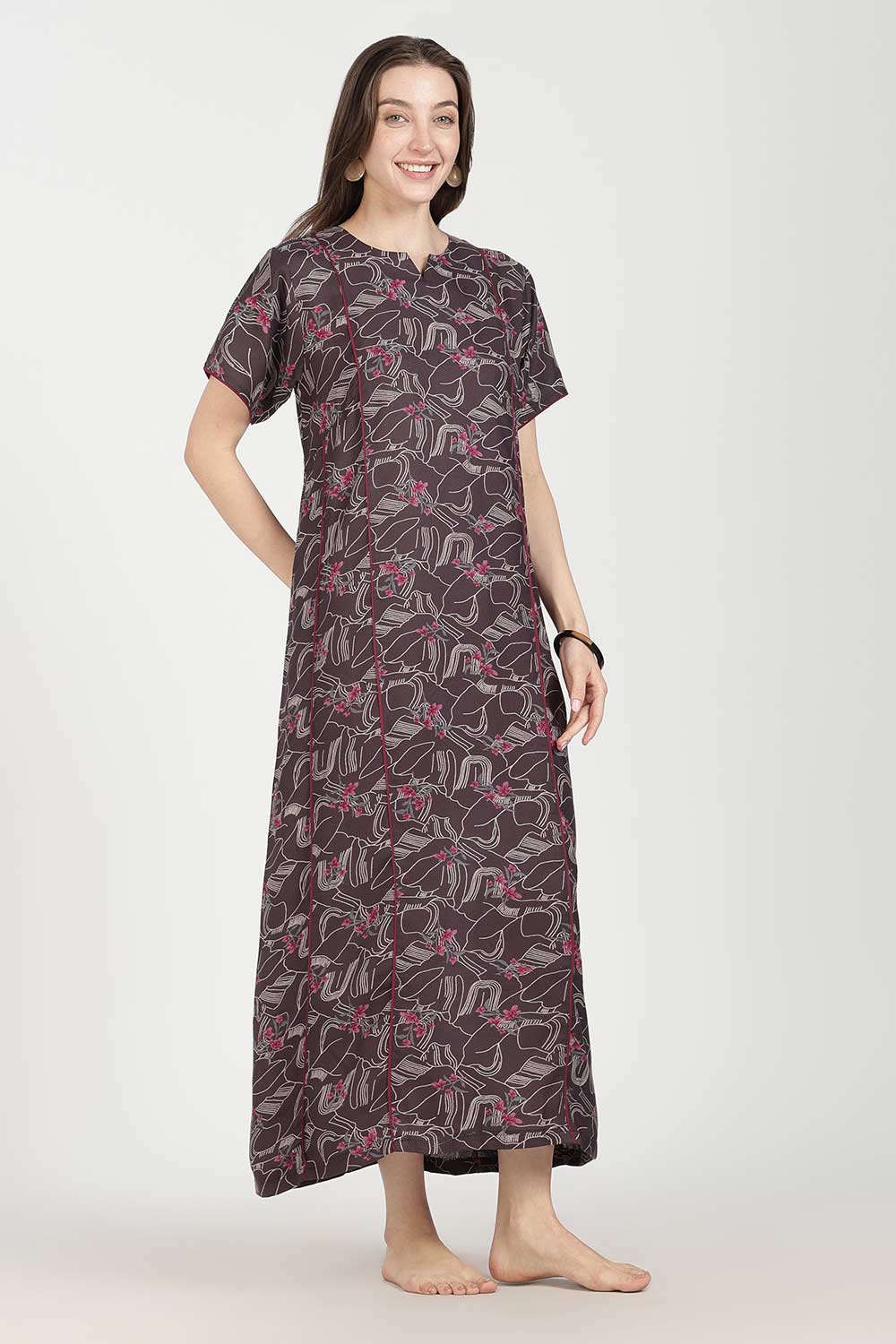 Naidu Hall Women’s Full-Length Printed Nighty | Round Neck with V-Slit, Short Sleeves, Relaxed Fit
 - NB16