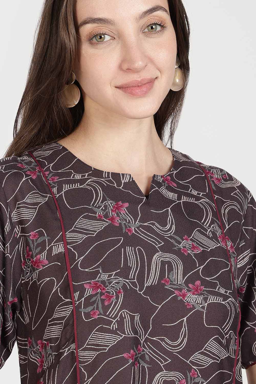 Naidu Hall Women’s Full-Length Printed Nighty | Round Neck with V-Slit, Short Sleeves, Relaxed Fit
 - NB16