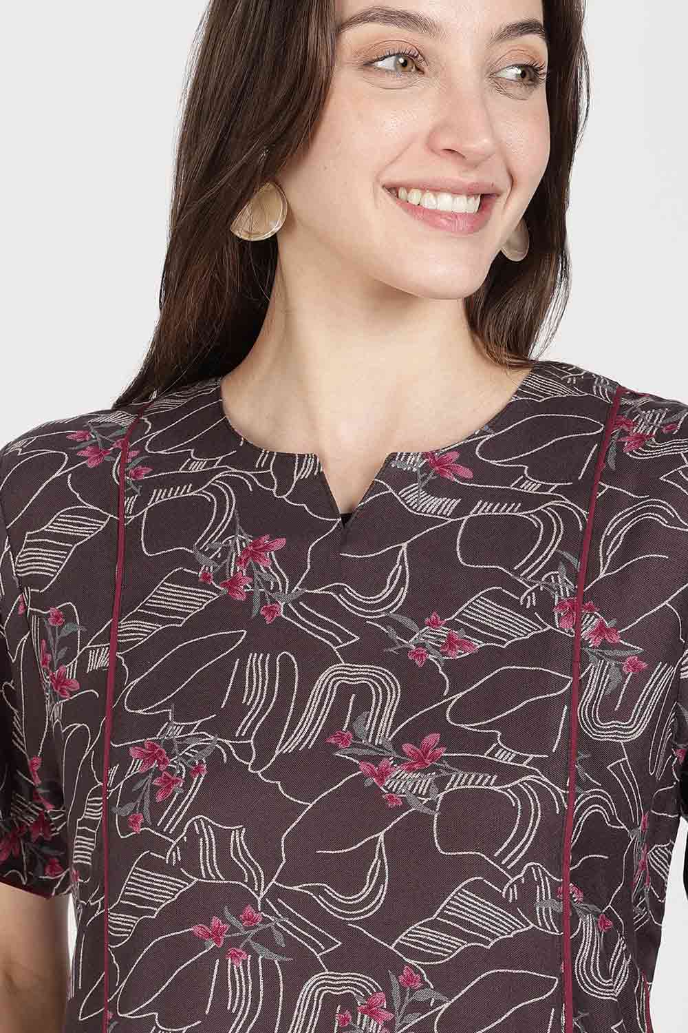Naidu Hall Women’s Full-Length Printed Nighty | Round Neck with V-Slit, Short Sleeves, Relaxed Fit
 - NB16