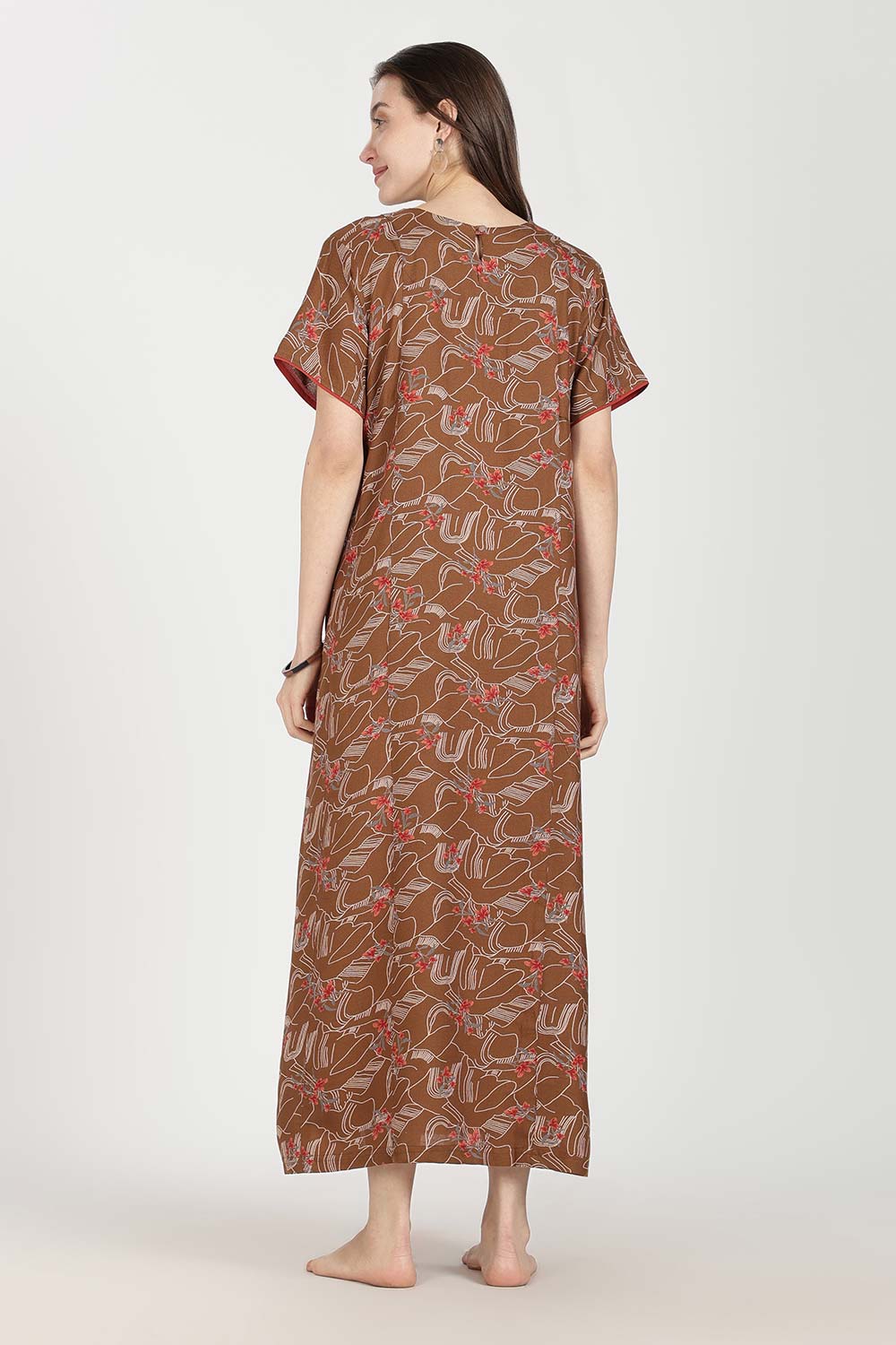 Naidu Hall Women’s Full-Length Printed Nighty | Round Neck with V-Slit, Short Sleeves, Relaxed Fit
 - NB16