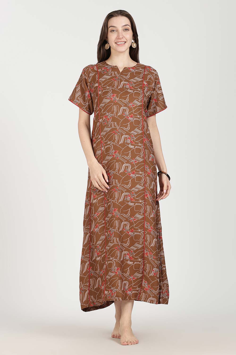 Naidu Hall Women’s Full-Length Printed Nighty | Round Neck with V-Slit, Short Sleeves, Relaxed Fit
 - NB16
