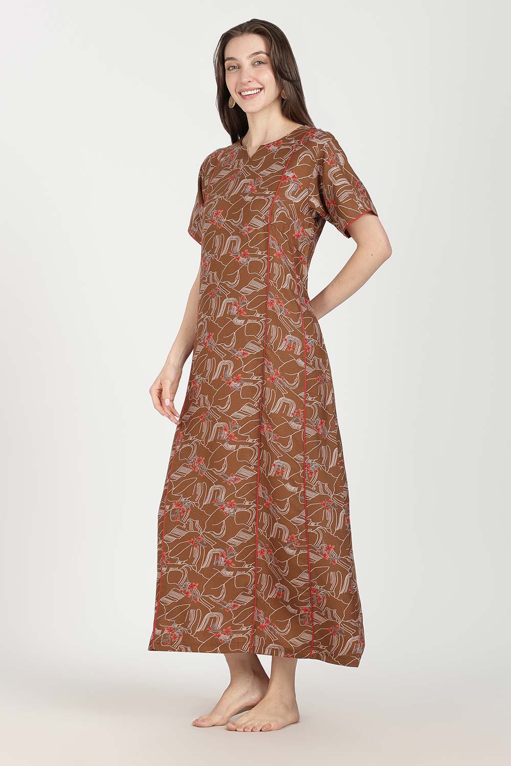 Naidu Hall Women’s Full-Length Printed Nighty | Round Neck with V-Slit, Short Sleeves, Relaxed Fit
 - NB16