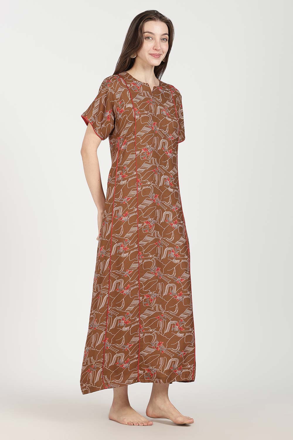 Naidu Hall Women’s Full-Length Printed Nighty | Round Neck with V-Slit, Short Sleeves, Relaxed Fit
 - NB16