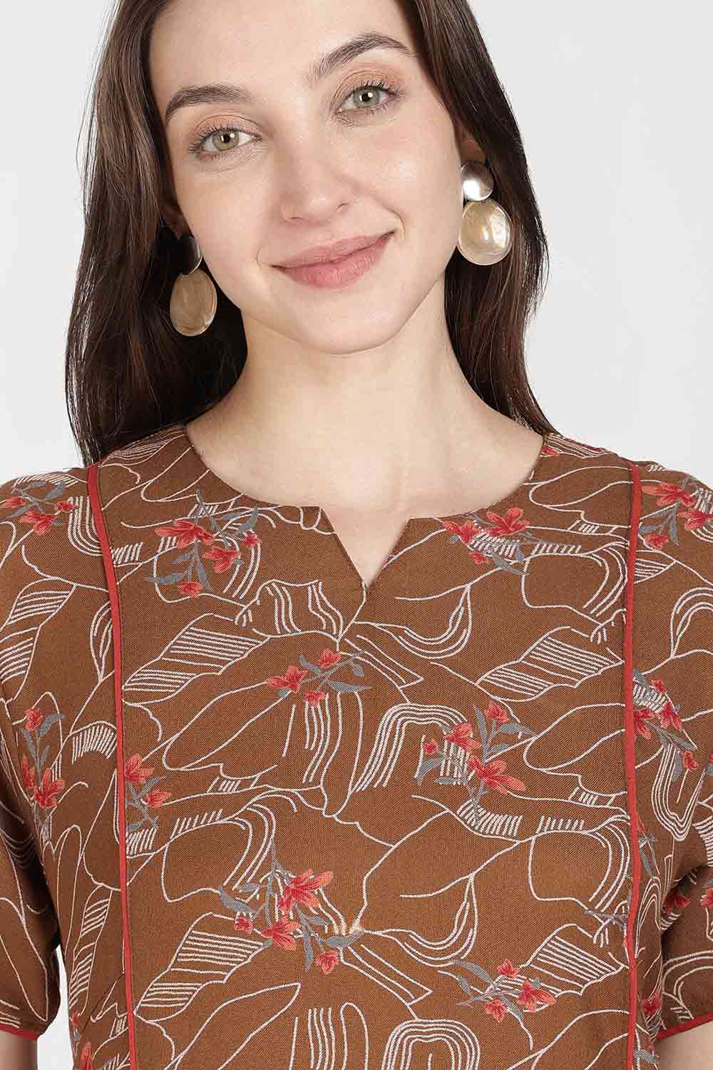 Naidu Hall Women’s Full-Length Printed Nighty | Round Neck with V-Slit, Short Sleeves, Relaxed Fit
 - NB16