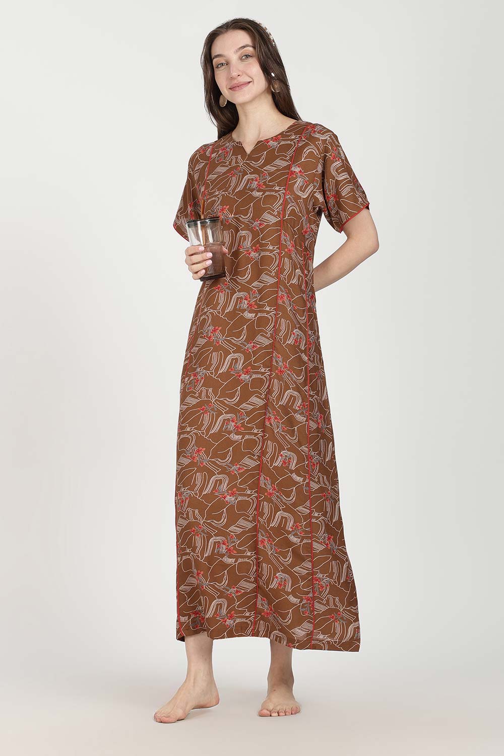 Naidu Hall Women’s Full-Length Printed Nighty | Round Neck with V-Slit, Short Sleeves, Relaxed Fit
 - NB16