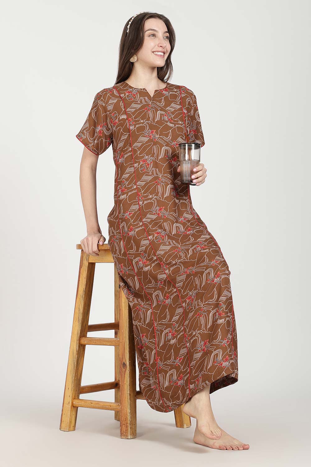 Naidu Hall Women’s Full-Length Printed Nighty | Round Neck with V-Slit, Short Sleeves, Relaxed Fit
 - NB16