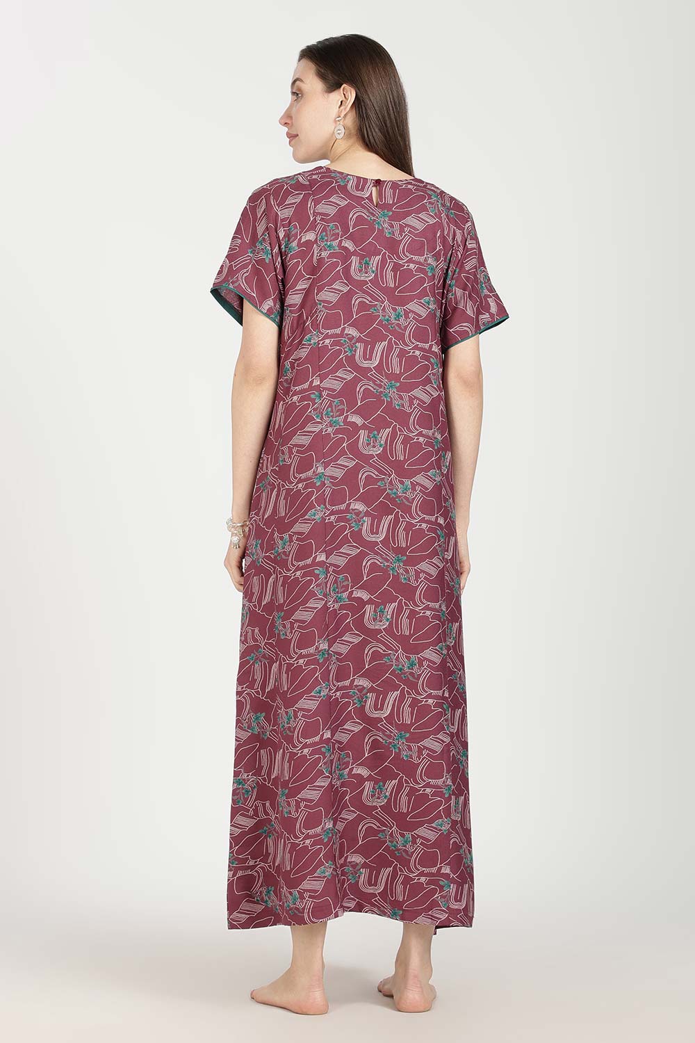 Naidu Hall Women’s Full-Length Printed Nighty | Round Neck with V-Slit, Short Sleeves, Relaxed Fit
 - NB16