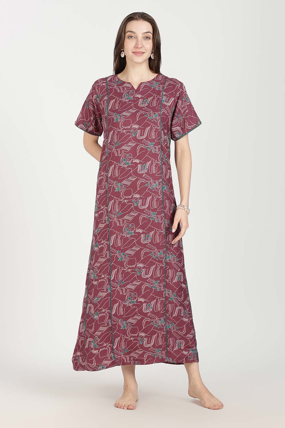 Naidu Hall Women’s Full-Length Printed Nighty | Round Neck with V-Slit, Short Sleeves, Relaxed Fit
 - NB16