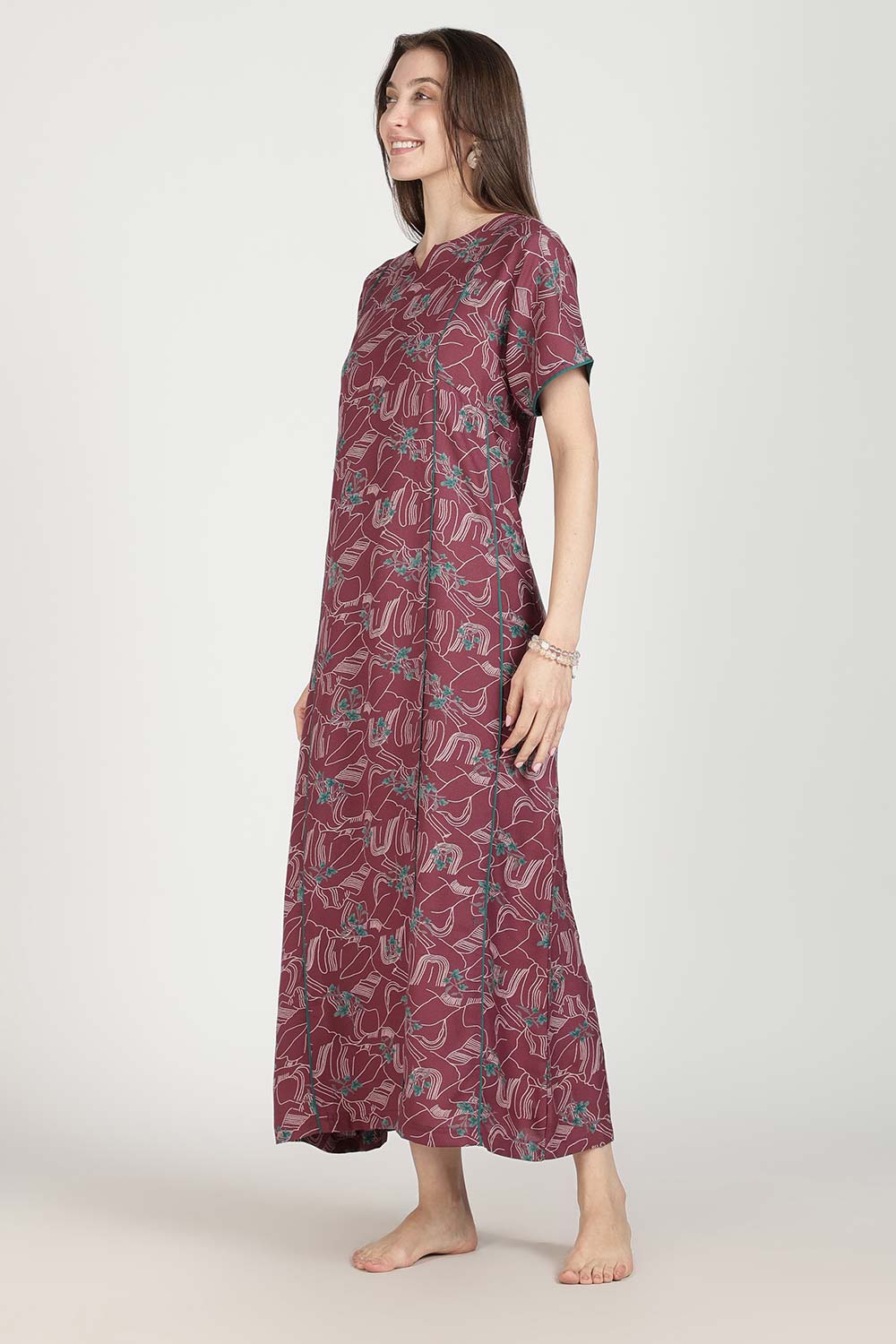 Naidu Hall Women’s Full-Length Printed Nighty | Round Neck with V-Slit, Short Sleeves, Relaxed Fit
 - NB16