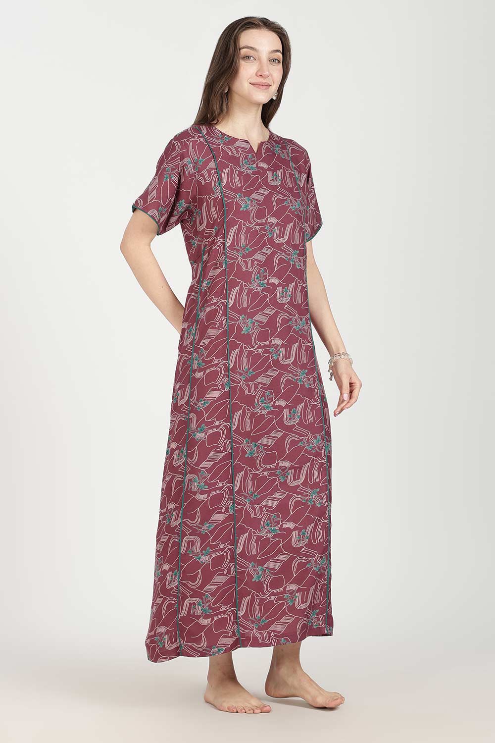 Naidu Hall Women’s Full-Length Printed Nighty | Round Neck with V-Slit, Short Sleeves, Relaxed Fit
 - NB16